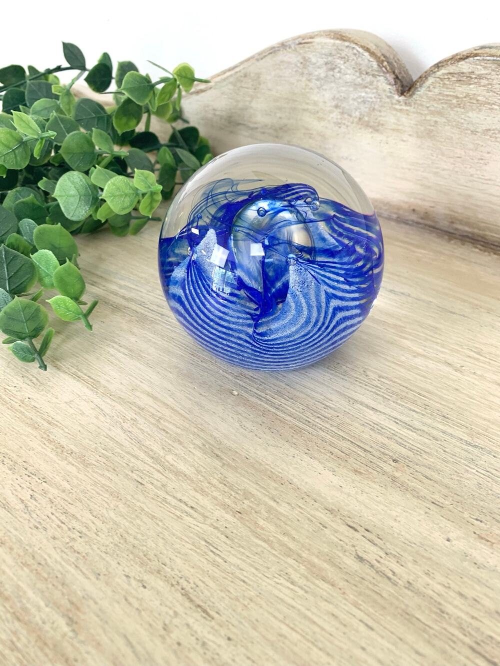 Vintage Caithness Blue Swirl Art Glass Paperweight Signed Scottish Mid Century
